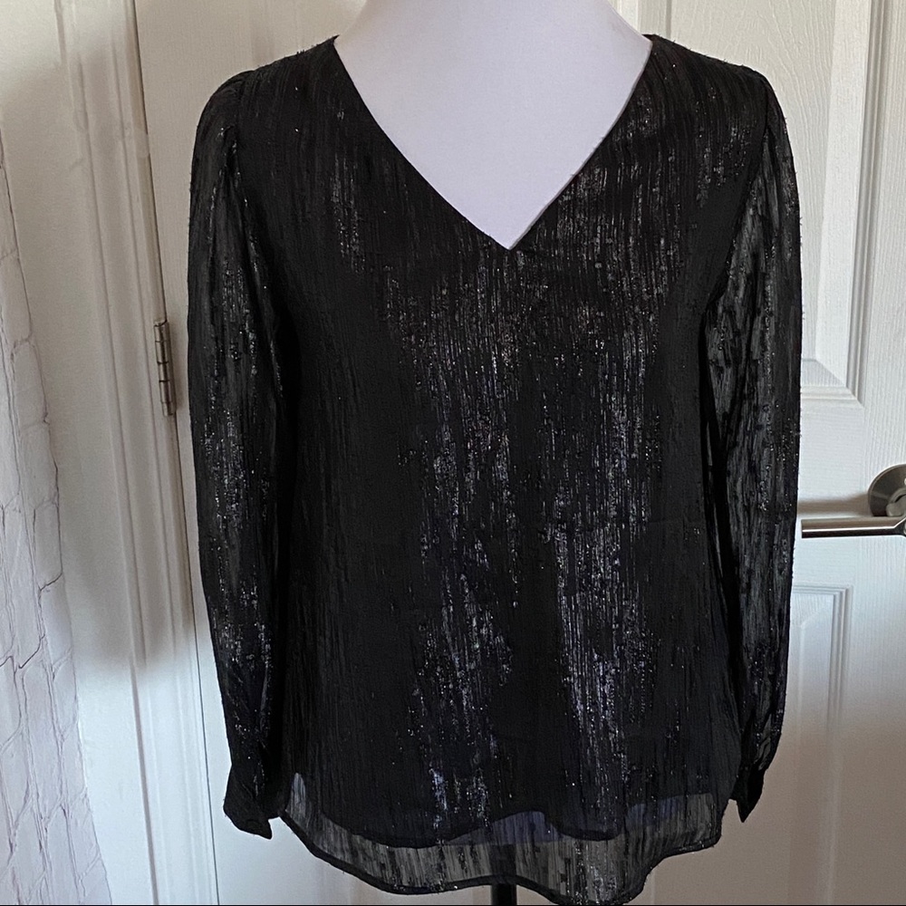 MAX & Co Sheer black blouse  pullover V-neckline puff sleeves Preowned